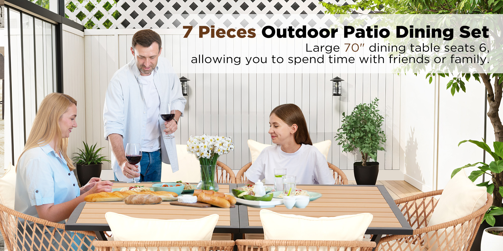 Outdoor Dining Set for Seven, Featuring a Rectangular Table with an Umbrella Hole And Six Rattan Chairs, Suitable for All Weather Conditions, Perfect for Your Backyard, Lawn, Or Garden