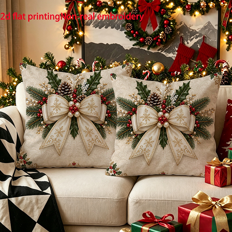 TEMU 2d Flat, 2pcs, Christmas Metallic , , Holly, And Print Pillowcases, European Vintage Style Home Decor Pillow Covers, A Gift For Family, , ,