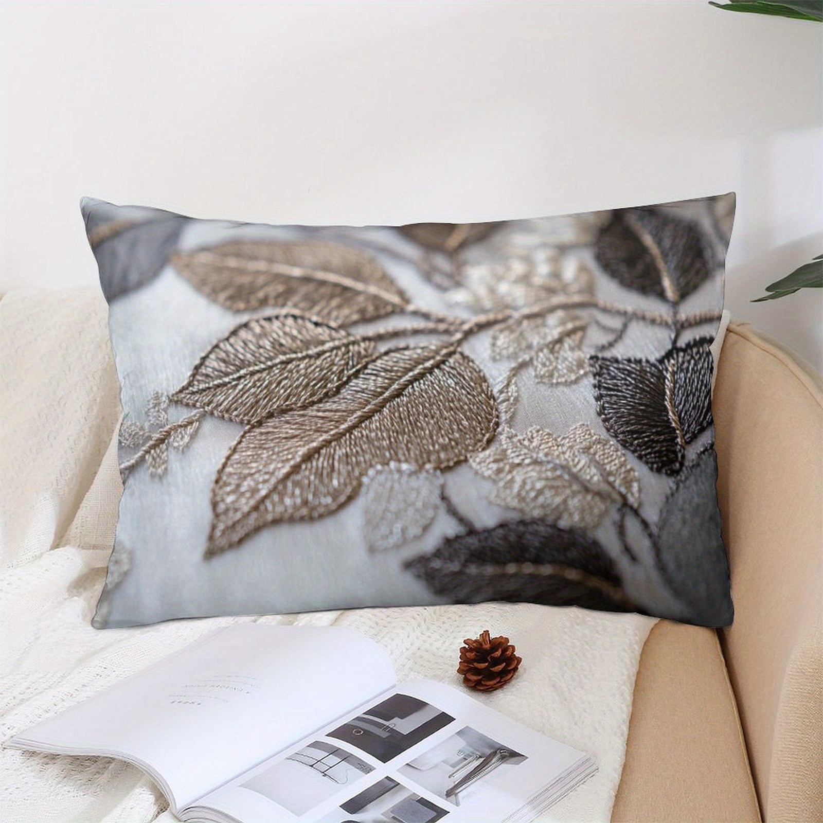 

1pc Style Embroidered Leaf Pattern Throw Pillow Cover, 12x20 Inch, Soft Luxurious Polyester, Machine Washable, Zipper Closure, Woven Decorative Pillowcase For Sofa, Bedroom, Living Room