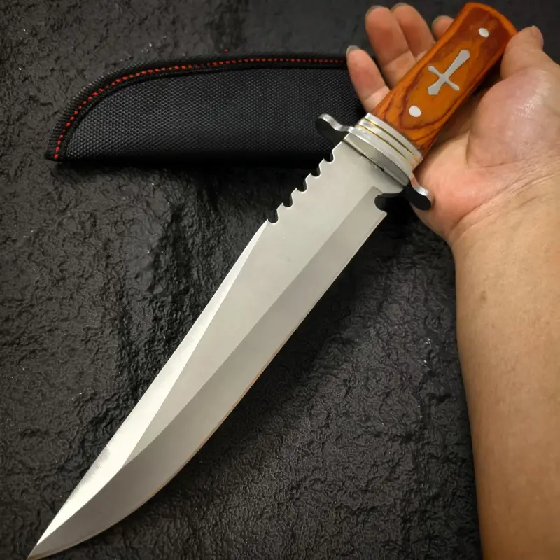inch outdoor straight knife with a 7 4 inch blade length serrated design wooden handle with metal decoration with a black knife sheath a practical tool for the outdoors and a mens knife Product details 2
