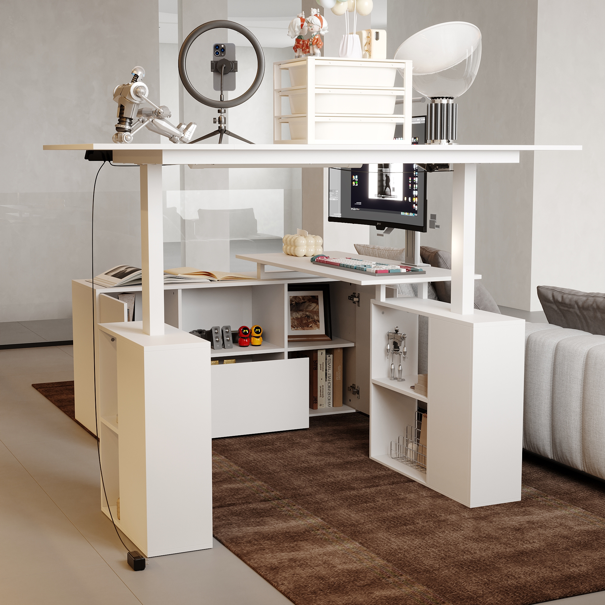 electric height adjustable standing computer desk with open storage shelves adjustable height office desk with with drawer administrative     white Product details 3