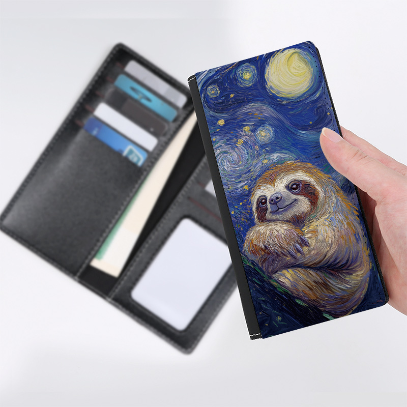 

Starry Night Sloth Print Slim Wallet For Women - 10 Card Slots, Fashionable Bifold Design With Id Window, Daily Use & Gifts