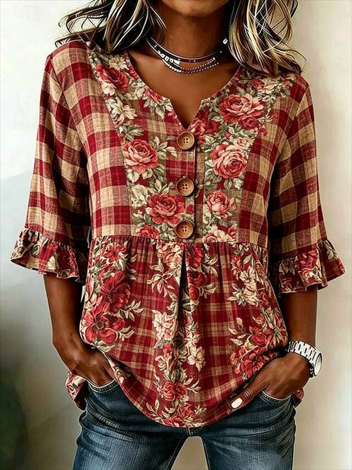 womens plaid floral bell sleeve shirt v neck button front suitable for machine washable casual button collar top for to weekend outfits