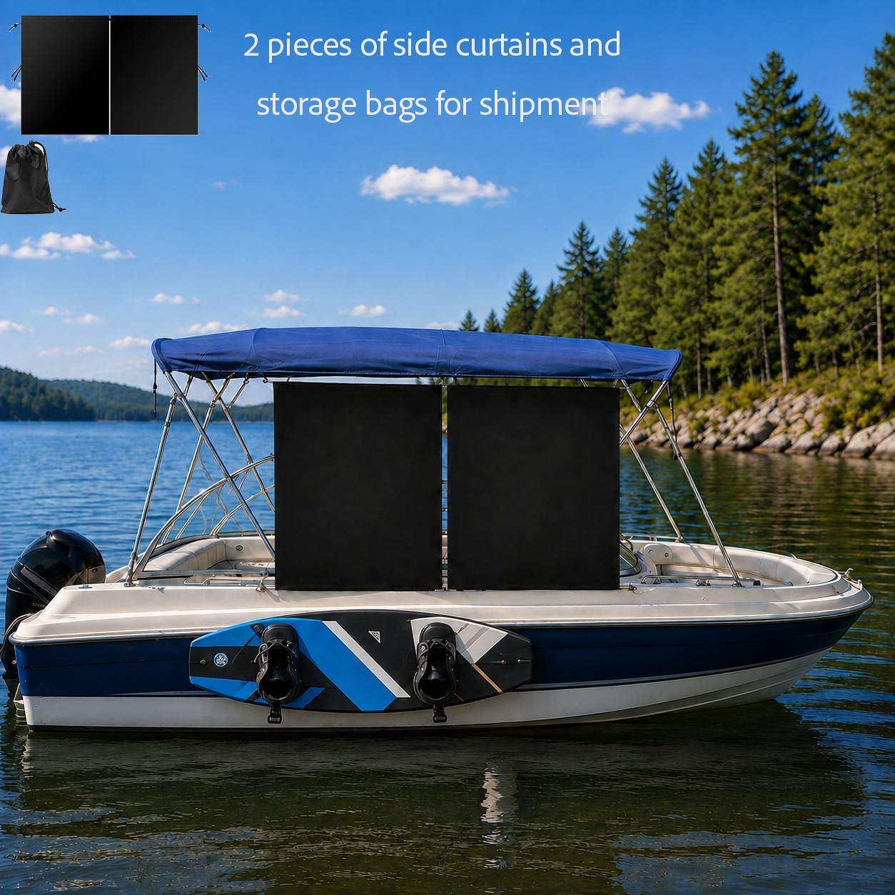 TEMU Ensemble de 2 rideaux latéraux pour bateau et sacs de rangement, pare-soleil pour kayak, adaptés à la plupart des canopies, avec cordes, non
