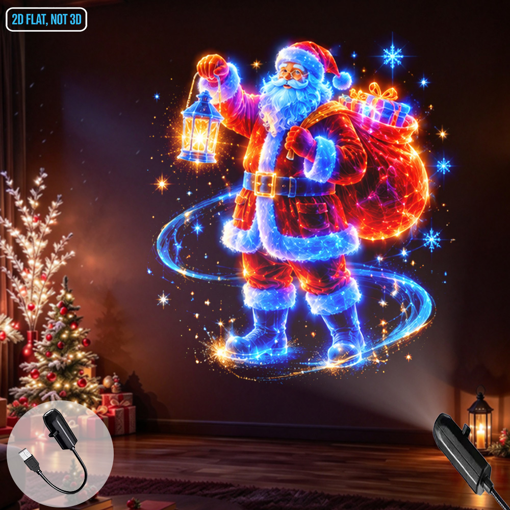 TEMU Projecteur LED Thème Noël Veilleuse Portable USB Père Noël avec Lanterne et Sac de Cadeaux Motif Décor Ambiant Lampe de Projection pour Chambre