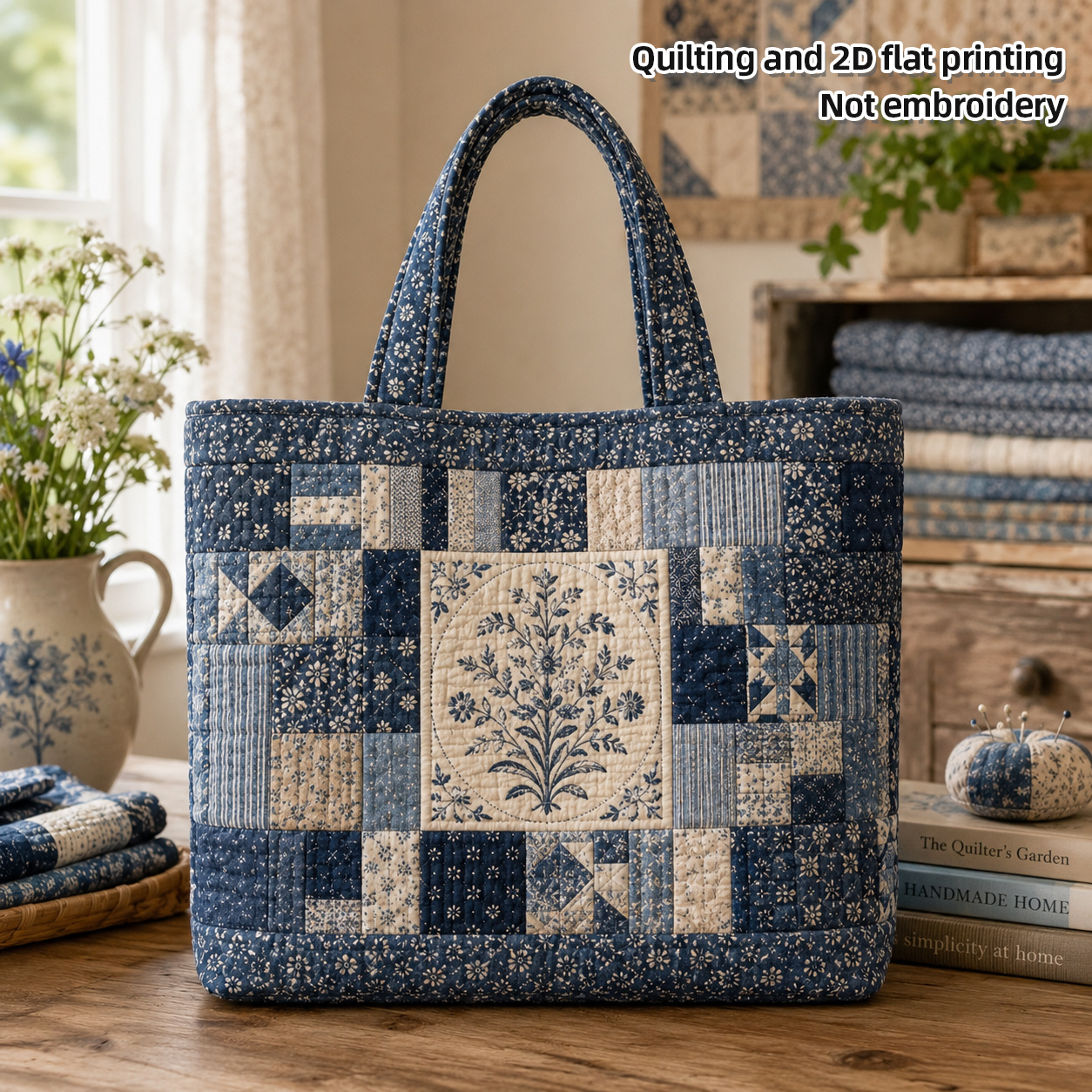 TEMU Bolso tote acolchado, bloques de patchwork azul y crema con circular floral, de colcha clásica, acolchada, bolso tote de gran capacidad, bolso