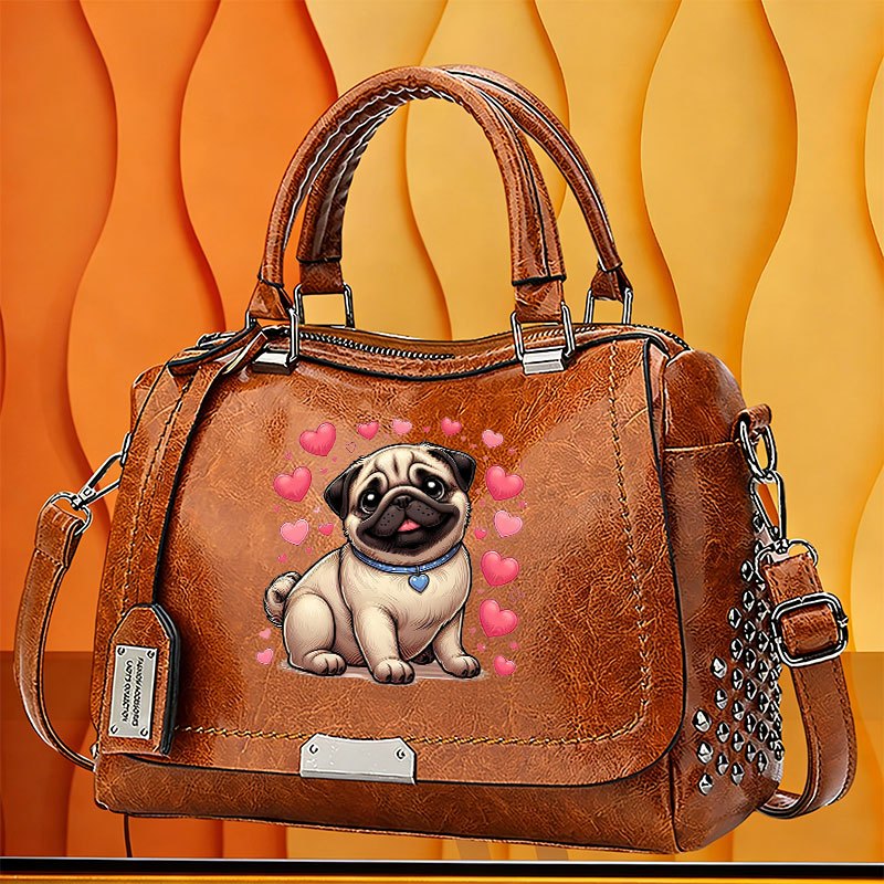 TEMU 1pc Women' Pug Dog & Heart Print Handbag - Adjustable Crossbody/shoulder Bag With Top Handle, Zipper Closure, Suitable For,, Travel, Elegant