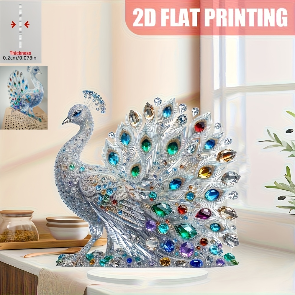 TEMU 2d Flat, 2d Flat Plane, 1pc Crystal Pea Rooster 2d Acrylic Desktop Decoration - Vibrant Flat Print With Colorful Synthetic Gemstones, 8x8 Inches
