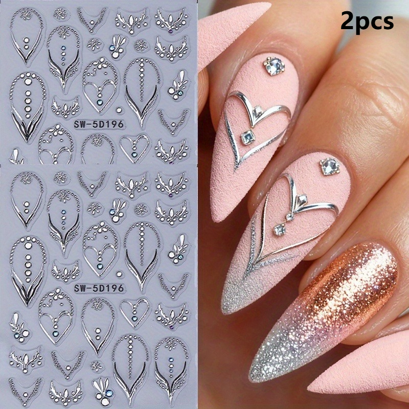 Image of Set Of 2 Elegant Heart-shaped Nail Stickers Featuring A Necklace Line Pattern, Self-adhesive Nail Decals Are Perfect For Y2k Women's Wedding And Valentine's Day Nail Art