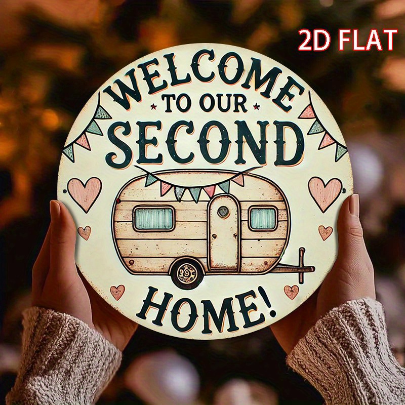 TEMU 2d Flat, 2d Flat Panel, Vintage Style - "welcome To Our !" With Illustration, Heart And Ribbon Design, Perfect For Rv, Camping, Garage, Or Home