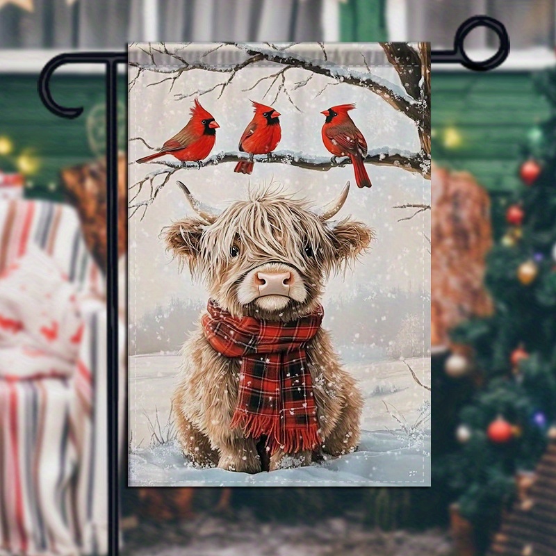 TEMU 1pc Double-sided Garden Decor Garden Flag Shaggy Highland Cow In Snowy Landscape For Festive Winter Decor And Ambiance
