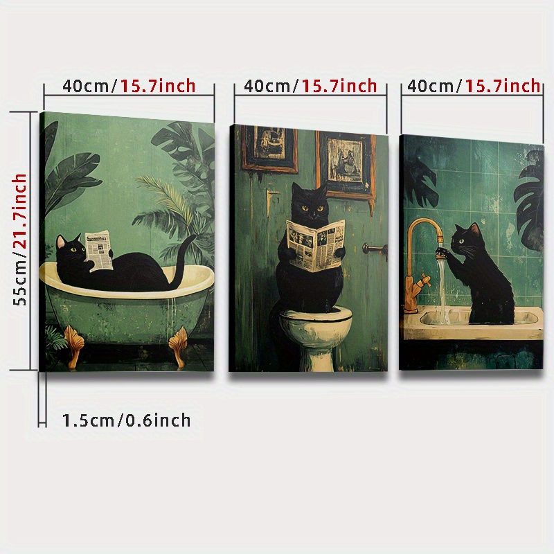 E-shop 2D Flach, 2D Flach gerahmter 2D Flächen-Effekt, ein Set aus drei lustigen Katzen-Badezimmer-Wandkunst, moderner Vintage-Bohemian-Stil,