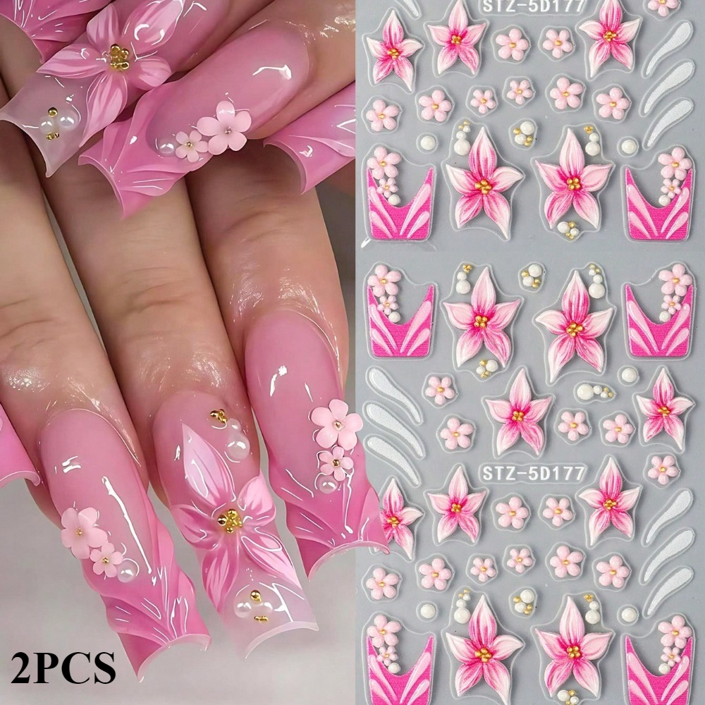 Image of 2pcs Pink Flower Nail Stickers, Spring And Summer Petals, Jelly Nail Stickers, Nail Art Supplies, Suitable For Wedding And Holiday Nail Decorations