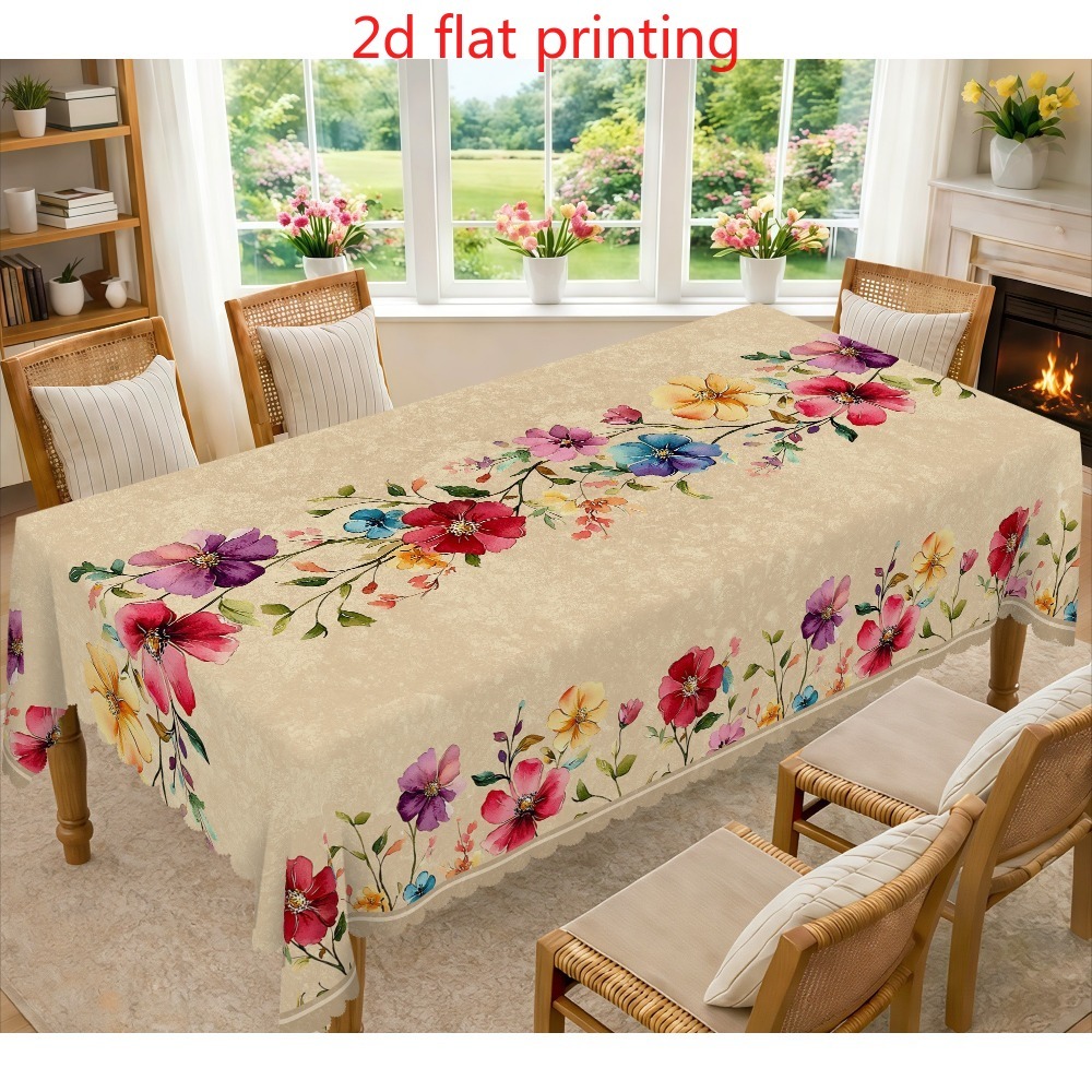 TEMU Tablecloth, 1pc, 2d Flat Rectangular Tablecloth With A Beige Base And A Watercolor Pattern Of Colorful Wildflowers And Vines, With A Gentle