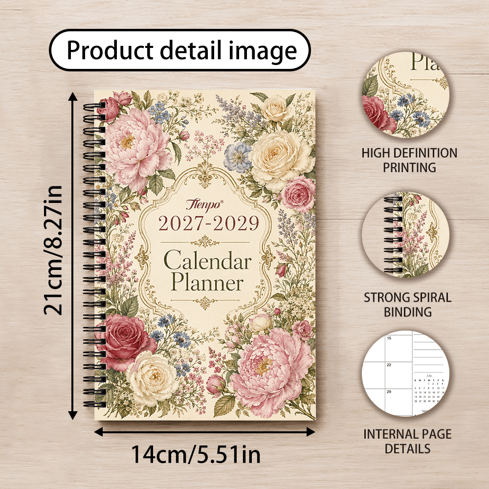 TEMU 1pc, 2027- Planner Retro Rose Peony Floral Three-year , Calendar Planner/monthly Planner/daily Planner/to-do List/annual /schedule; Suitable For