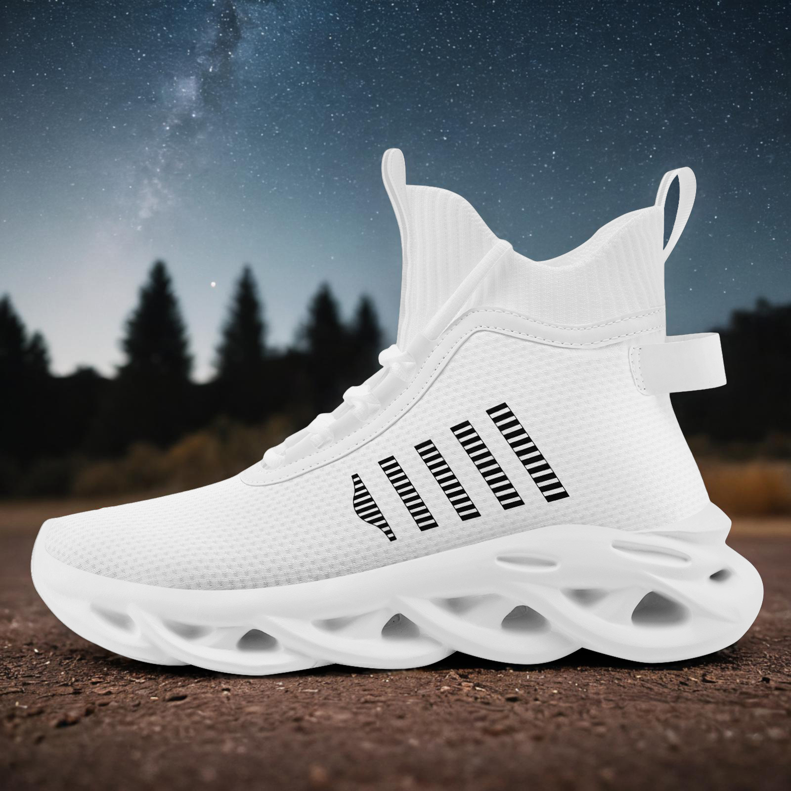 Men's White Black Graphic Stripe Sneakers, Lightweight & Breathable