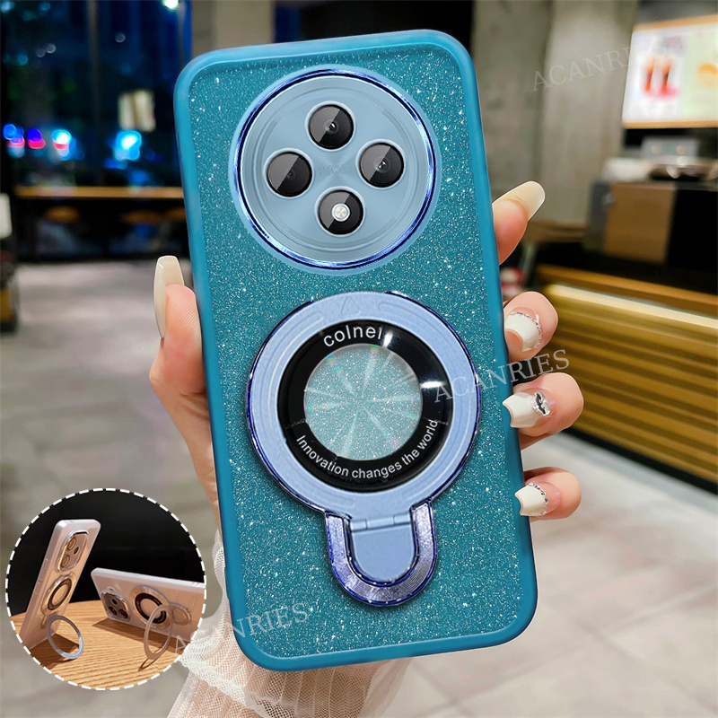 TEMU Phone Case - Luxury Ultra-thin Magnetic Metal Holder Stand Glitter Case For Oppo Reno 12 F/ Reno 12 Fs 5g Supports Magnetic Car Mounts And