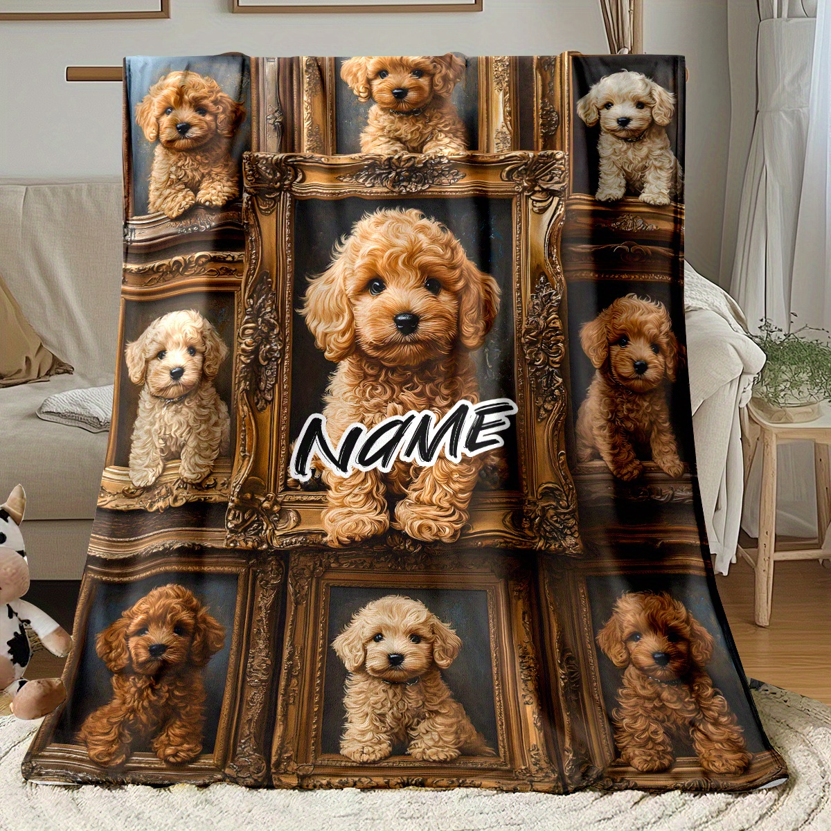 TEMU Customized 1pc Custom Name, Christmas Gift, Cute Dog Poodle Print Outdoor Blanket - Lightweight Flannel Throw For Sofa, Travel, Livingroom,