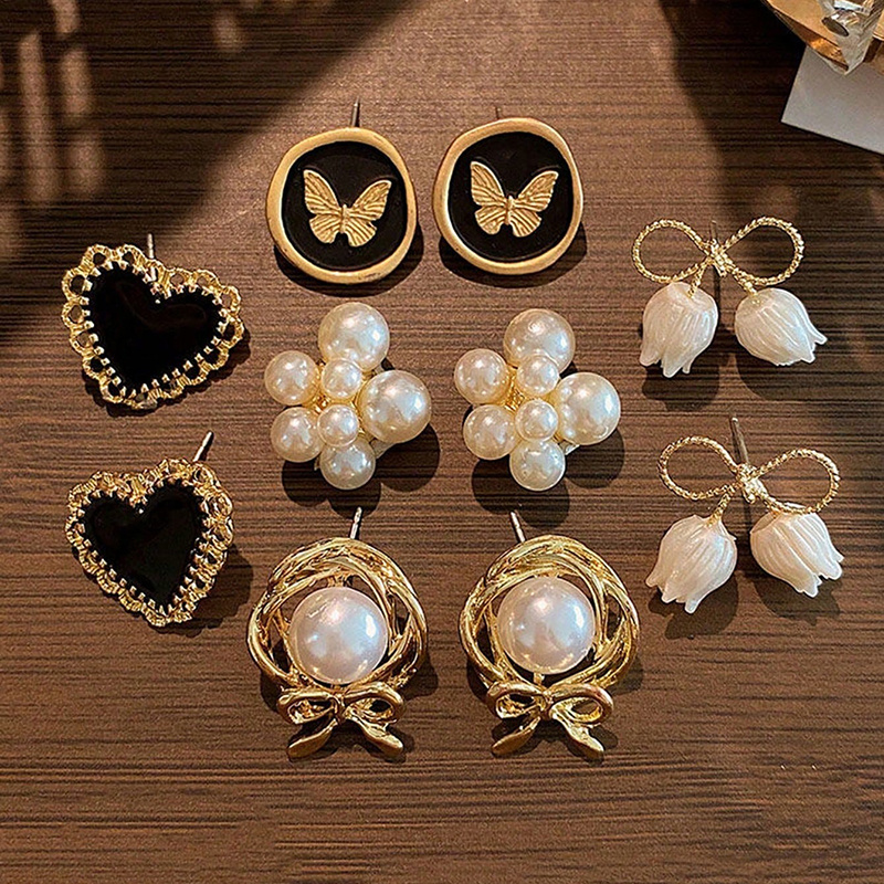 TEMU 5 Pairs Of Classic Vintage Versatile Everyday Bowknot Enamel Heart Stud Earrings Set