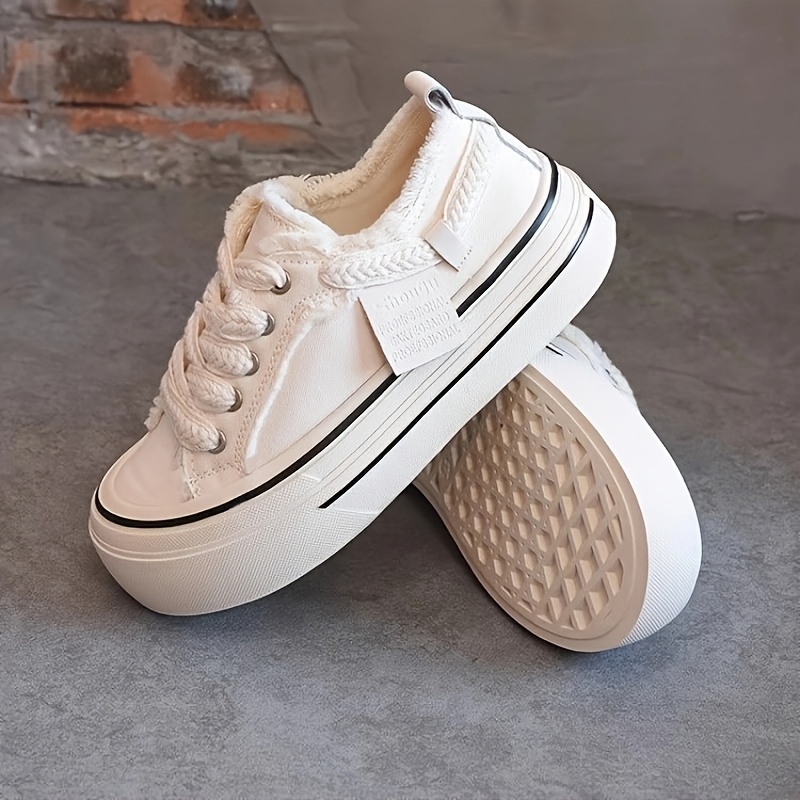 TEMU Women's Winter Warm Korean-style Thick-sole Plush Lining -lined Sneakers - White Lace-up Skate Shoes Suitable For Students, Casual Wear &