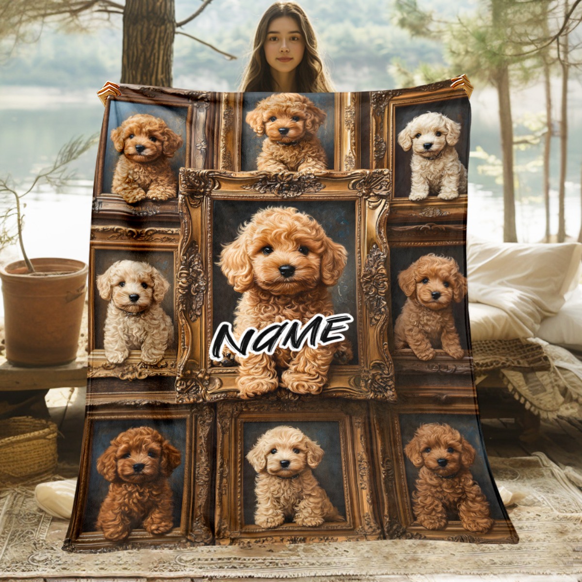 TEMU Personalized 1pc Name/text, Dog Frame Collage Printed Outdoor Blanket Suitable For Camping, Picnics, Hiking, Travel, Bedroom, Office - Soft And
