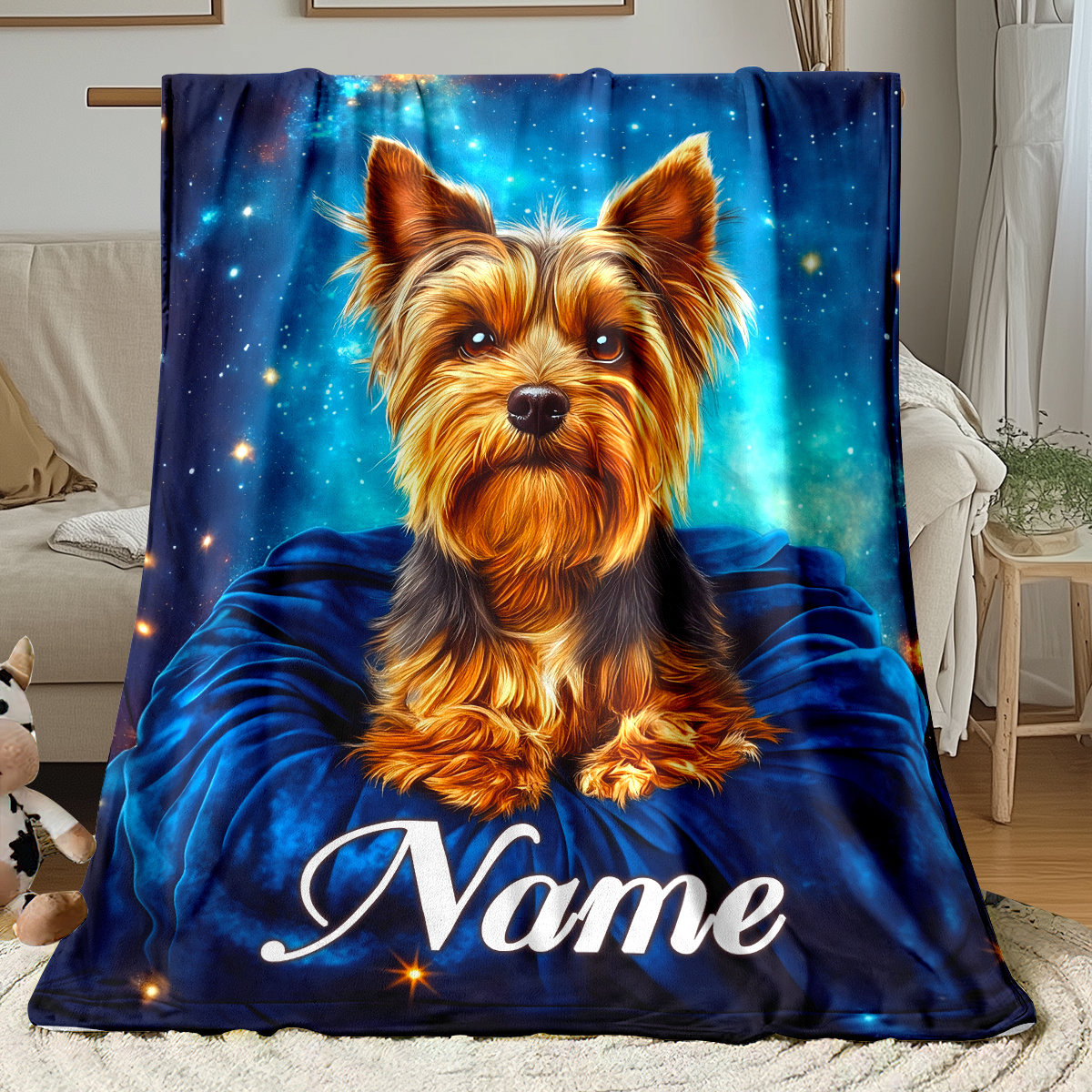 TEMU Personalized Yorkshire Terrier Flannel Blanket – Soft, Lightweight Throw With Starry Night Design For Sofa, Bed, Office & Camping – Custom Name