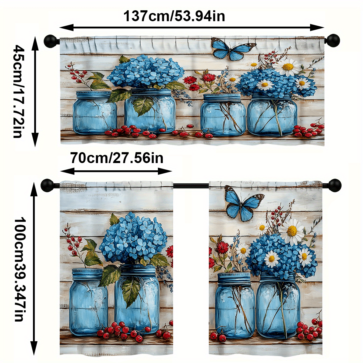 TEMU 3pcs/ Set Kitchen Curtain Sets, Flowers Print Curtain Set, Rod Pocket Valance Curtain Tier, 1 Valance/ 2 Cafe Curtains Tiers, Window For Kitchen