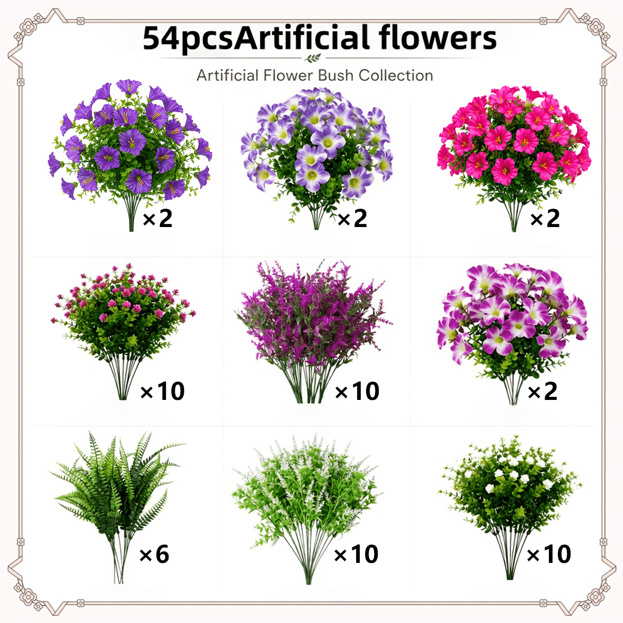 TEMU 54pcs Outdoor Artificial Flower Set, Uv-resistant And Plastic Fake Flowers, Artificial Bouquet For Balcony Planters And Flower Boxes, Decorative