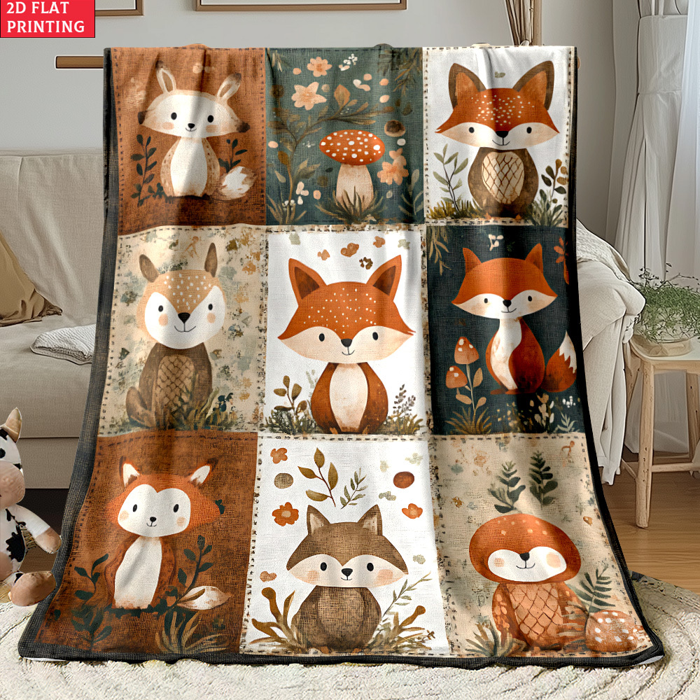 TEMU 1pc Couverture Imprimée 2D Renard Lapin - Flanelle Légère Adaptée pour Camping, -, Randonnée, Tourisme, Avion, Chambre, Bureau, Chaise -
