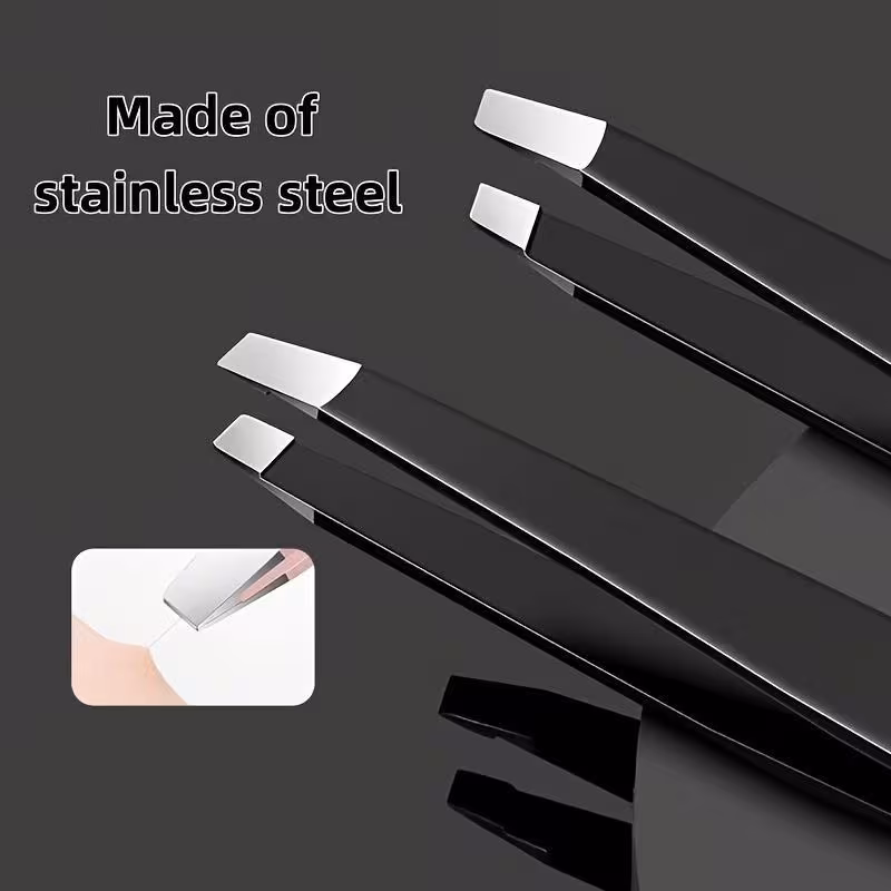 set of four stainless steel tweezers designed for removing hair trimming and shaping eyebrows including precision eyebrow tweezers and tools for managing facial hair with a smooth precision tip Product details 0