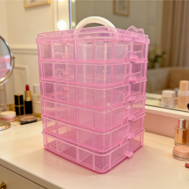 TEMU Large 6-tier 36-slot Pink Plastic Jewelry Box, With 36 Compartments, Storage Box For Earrings, Beads, And Craft Supplies, Handmade Bead