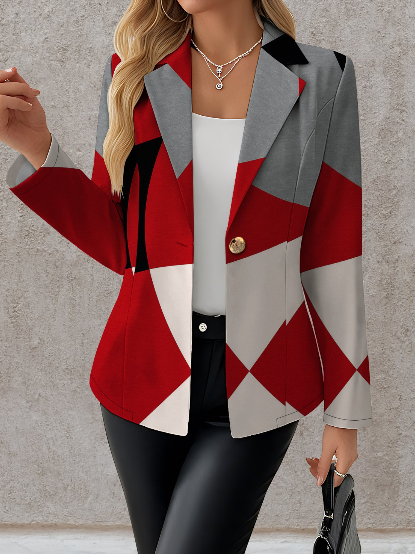 Women's Elegant Red/Black/White/Gray Geometric Houndstooth-like Blazer Jacket & Matching Suit - X-Line Tailored Collar, Single-Button Closure, Machine Washable Winter Coat for, Office, or Formal Events