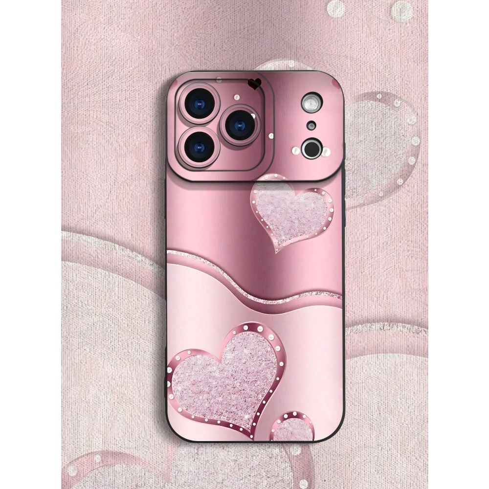 Image of Phone Case - Pink Glitter Heart Wave Romantic Design, Full Camera Coverage, Classic Phone Case, Compatible With 17/16/15/14/13/12/11 Series (including Pro Max And Plus Models)