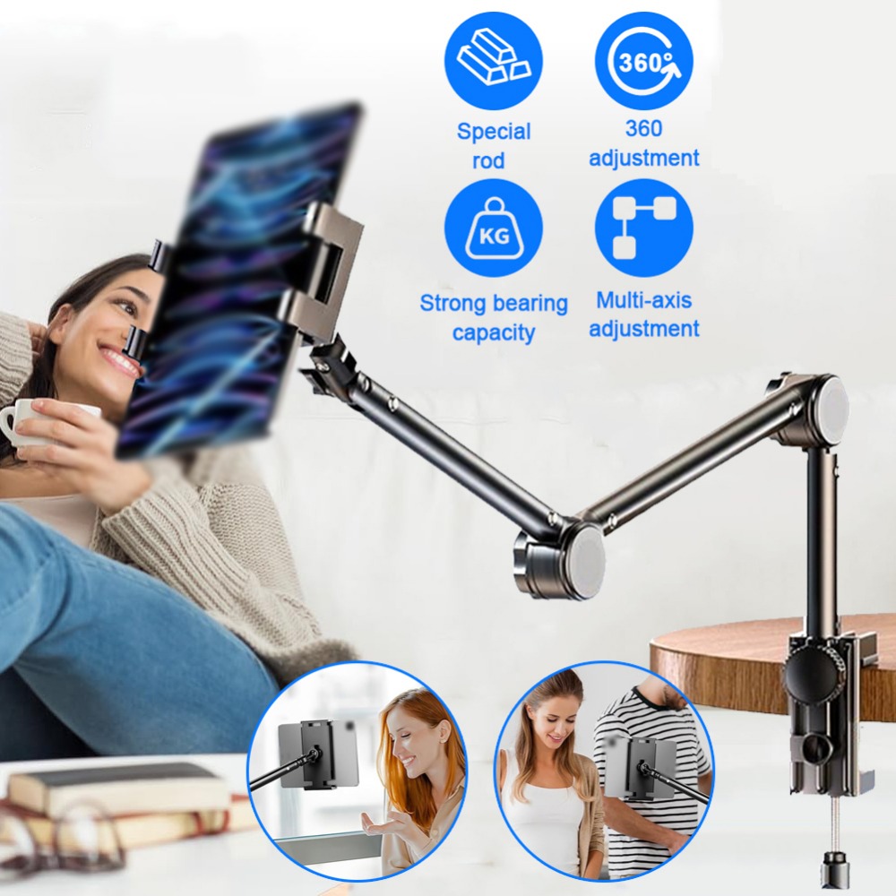 Desk Phone Holder, 360-degree Rotating Tablet Mount, Adjustable Bed Stand With A Sturdy Arm Suitable For All Devices