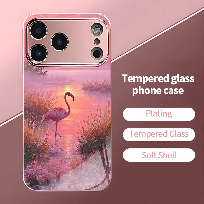 TEMU Phone Case: Pink- Flamingo Sunset Wallpaper 2d Pattern Luxury Electroplated Pink Phone Case For Iphone 17, 16, 15, 14, 13, 12, 11, X, Xs, Xr, 7,