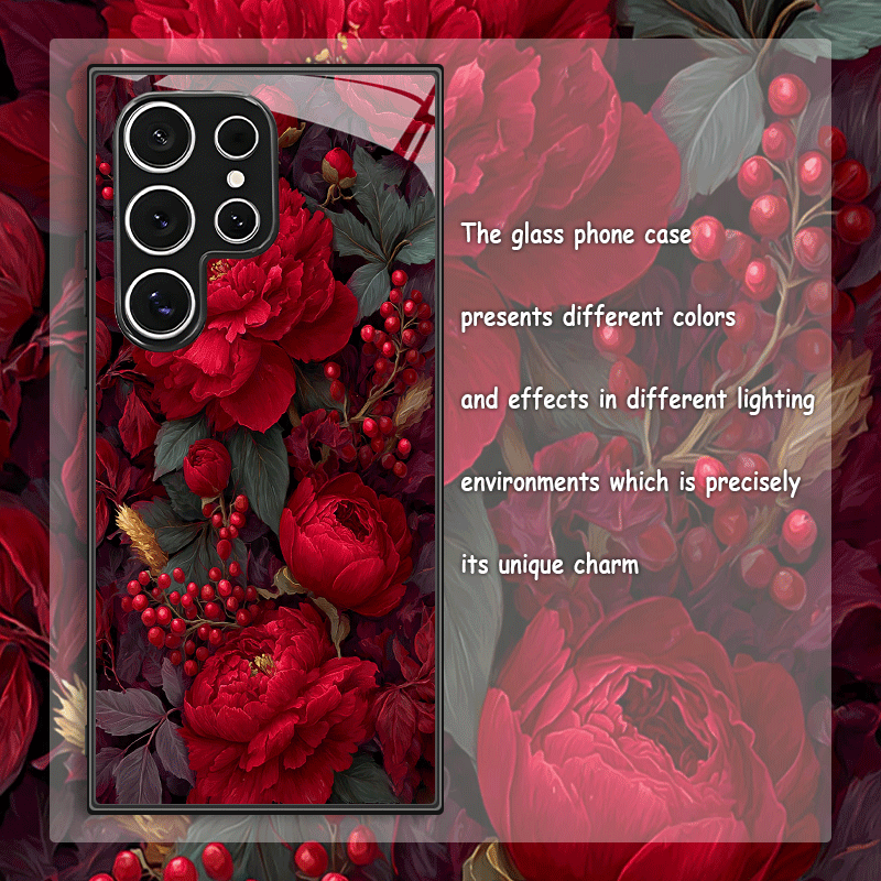 TEMU Phone Case: 2d Peony Black Tempered Glass Phone Case For Galaxy S26/s26 Ultra/s26 Plus/s25/s25 Ultra/s25 Plus/s25 Fe/s24/s24 Fe/s24 Plus/s24