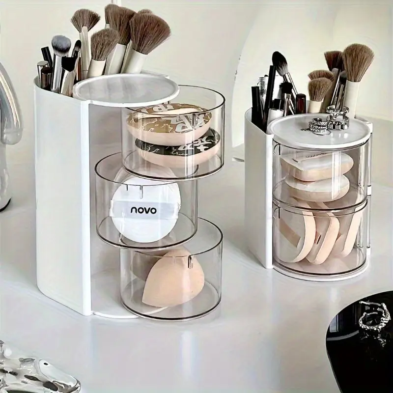 1pc versatile desktop cosmetic display travel friendly rotating dust resistant makeup egg air cushion organizer for dressing tables multi tier lipstick and makeup brush holder with high storage capacity Product details 2