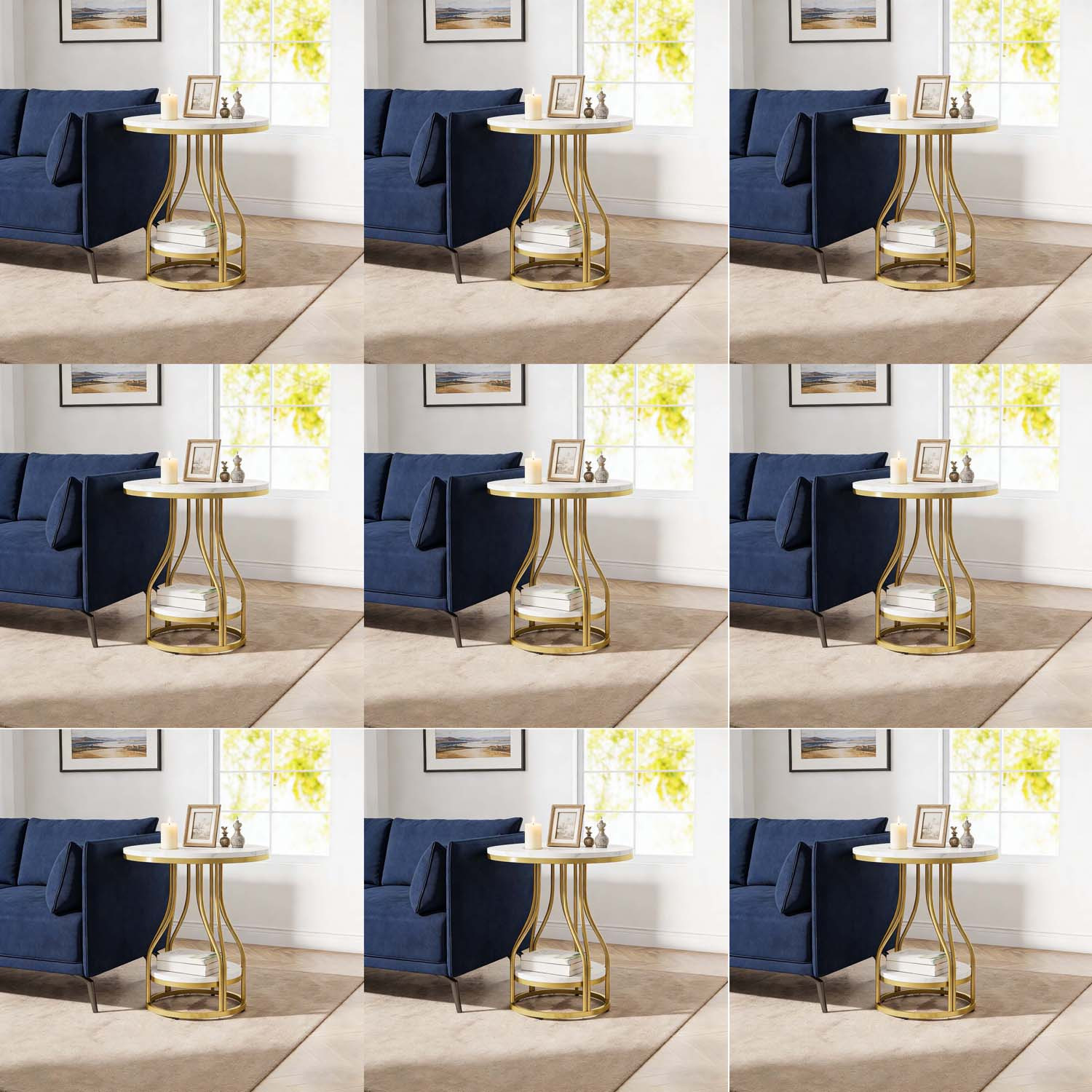 2-tier Round Side End Table With Storage - Modern White And Golden Bedside Nightstand, Small Table With Metal Frame For Living Room Bedroom, Daily Gift