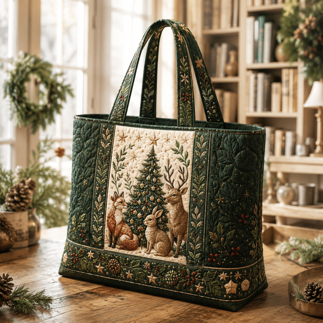 Image of 17 X 15 Inch Women's Quilted Tote Bag, Perfect For Travel, Work, School, Gym - Spacious Soft Crossbody Bag Animal (deer, Fox, Rabbit) Embroidery, Hand Washable, For Daily Use And Gift-