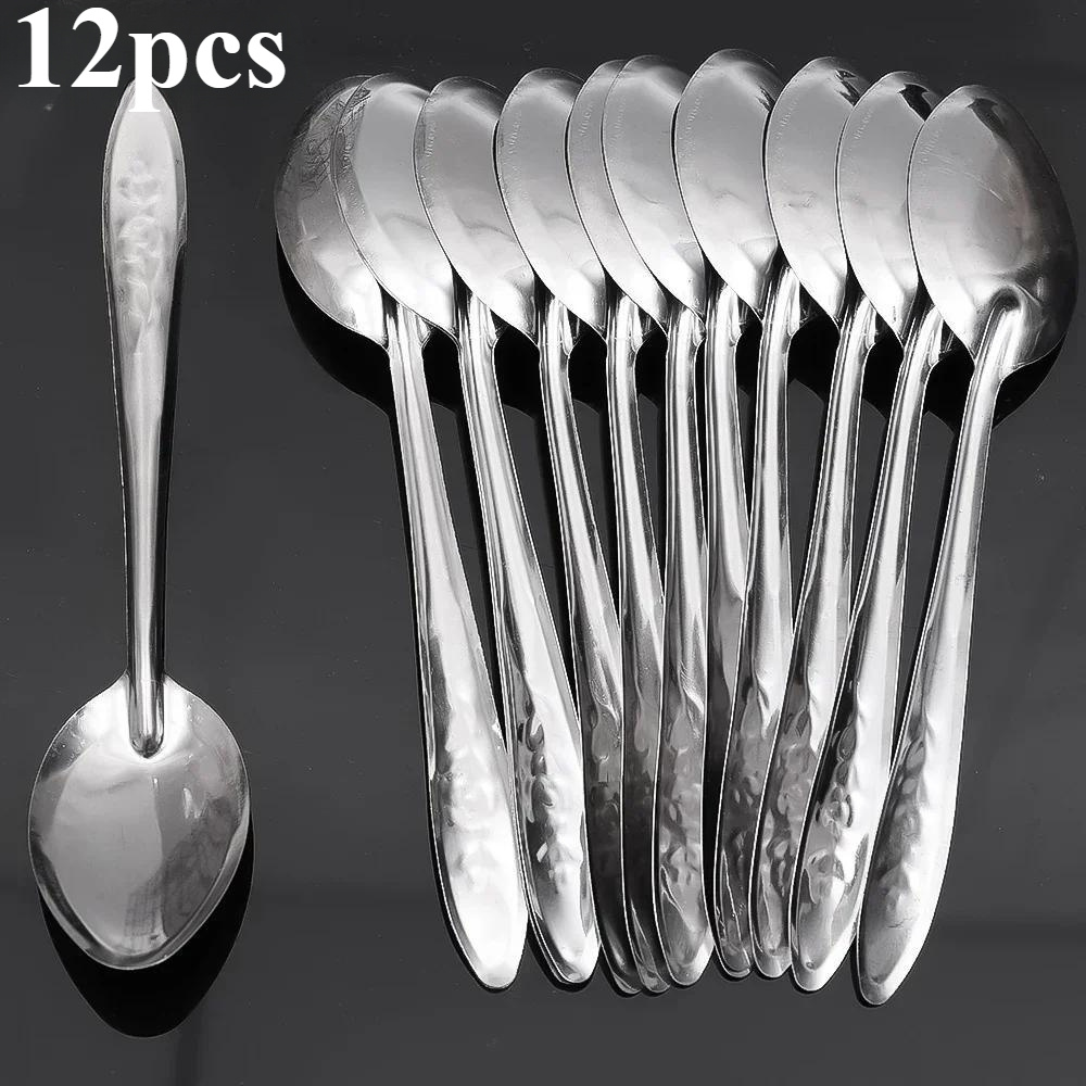12pcs Stainless Steel Dessert Spoon Set, Elegant Design, Long-handled Ice Cream And Watermelon Spoon, For Kitchen Utensils