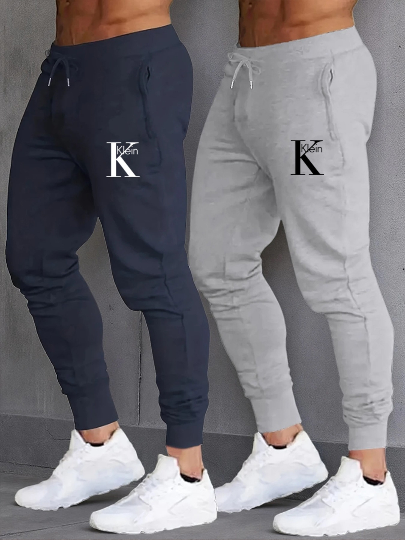 Men's Casual Joggers with Letter klein Print, Two-Pack, 100% Polyester Knit Fabric Elastic Waistband Loose Fit Drawstring + Cuffed Legs, Trendy Sports Pants for All Seasons, Workout Pants, Everyday Pants, Streetwear Fashion, Jogger Style, Lightweight Pants, Breathable Fabric, Printed Joggers, Twopack Pants, Men's Fashion, Urban Style