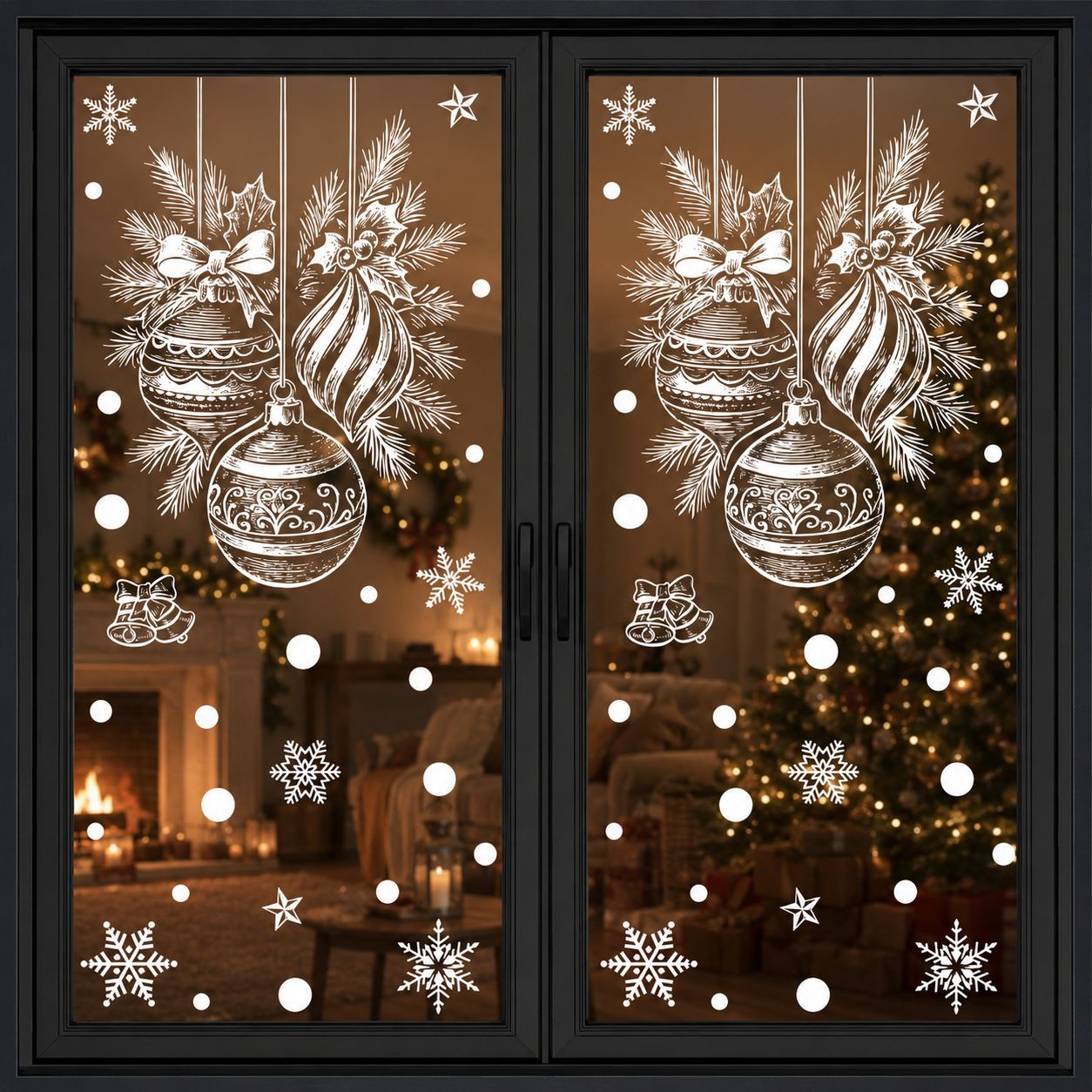 TEMU 2 Sheets Of Hand-drawn Christmas Door Stickers, Hanging White Christmas Balls, Window Stickers Featuring Christmas Decorations, Snowflakes,