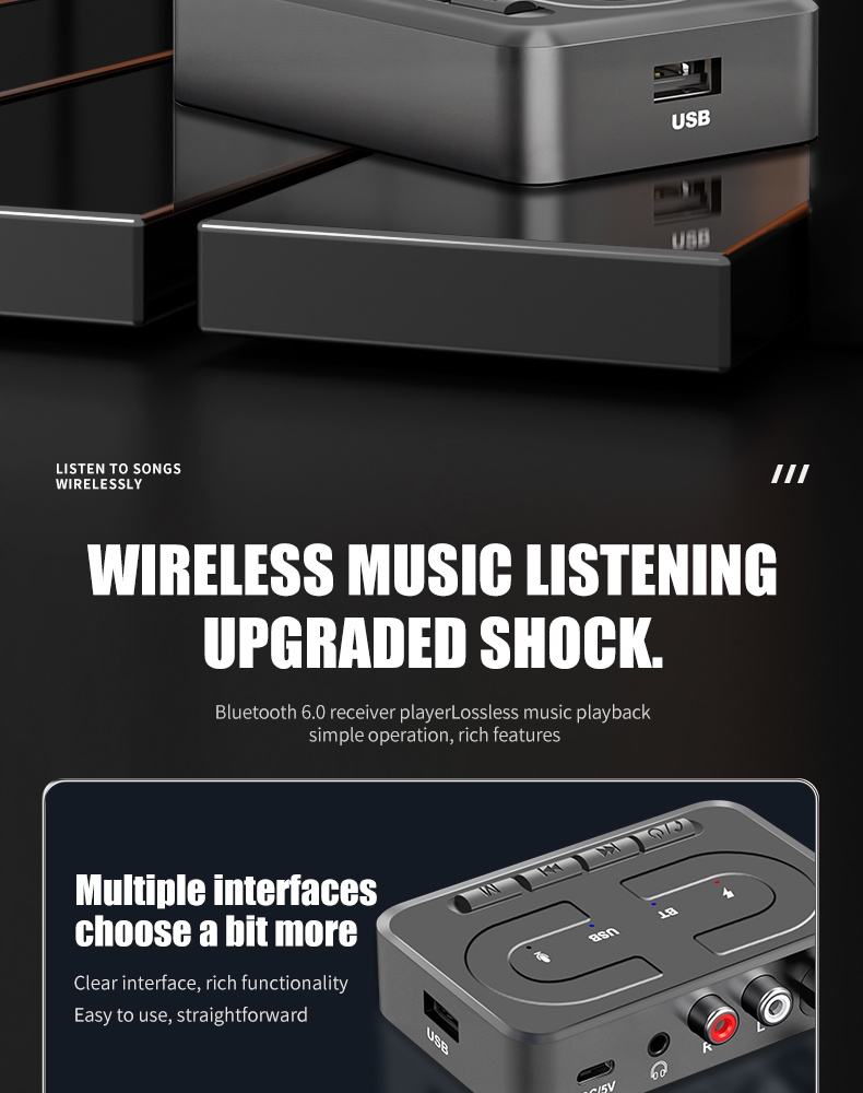 Нов 6.0 Bluetooth приемник USB плейър цифров към аналогов конвертор 3.5mm аудио адаптер AUX