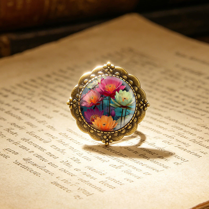 Colorful Water Lily Round Glass Flower Brooch, Fashion Accessory