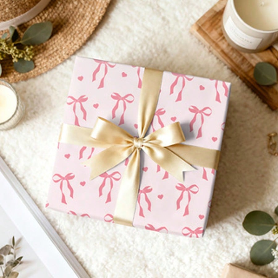 TEMU 1 Rolle Geschenkpapier mit Schleifen-Herz-Muster | Schleifen-Herz-Design geeignet für Geschenkverpackung für Geburtstagsfeiern,