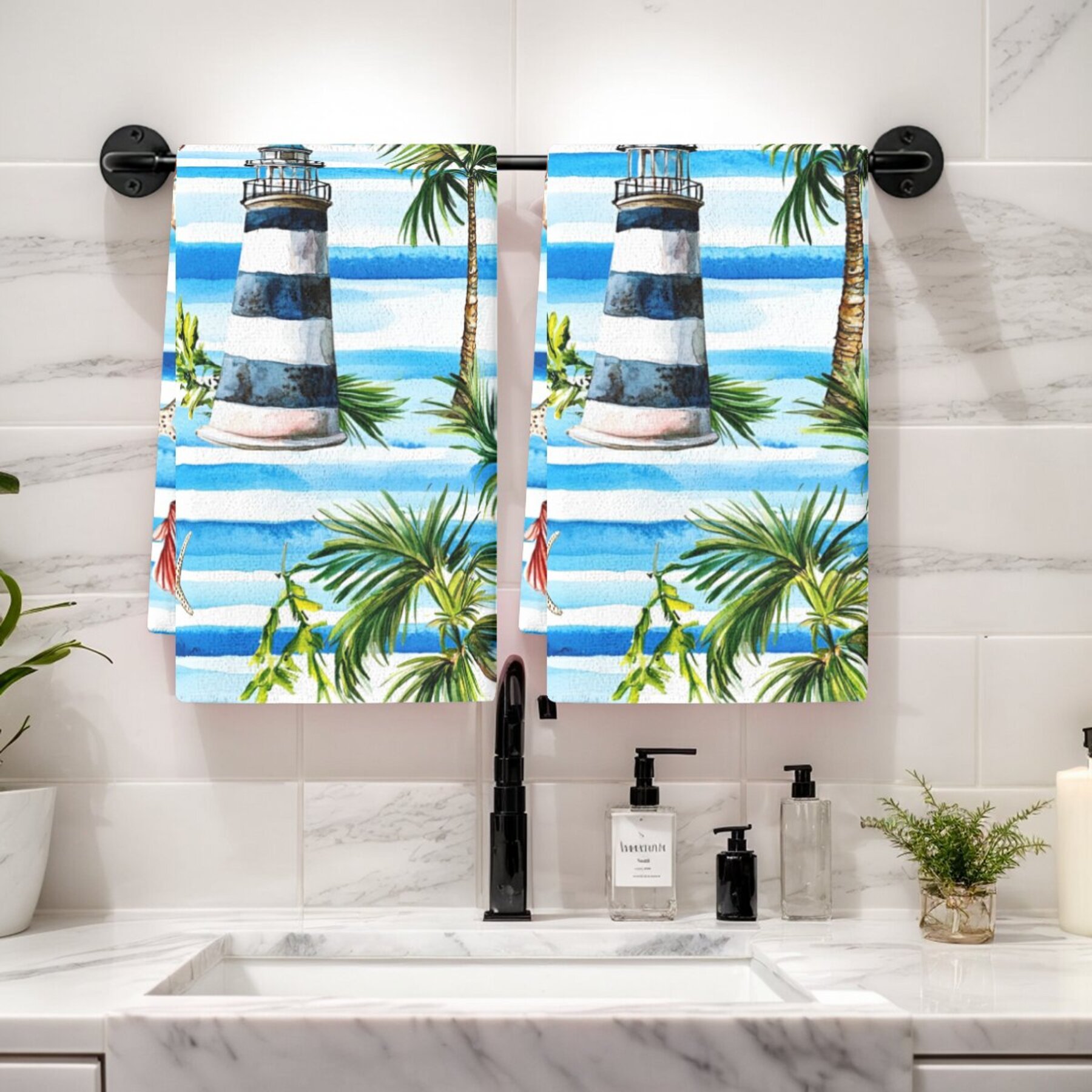 2pcs tropical lighthouse & palm tree kitchen towels - absorbent polyester dish cloths with nautical and  , ideal for home decor and housewarming gifts, hand wash only details 2