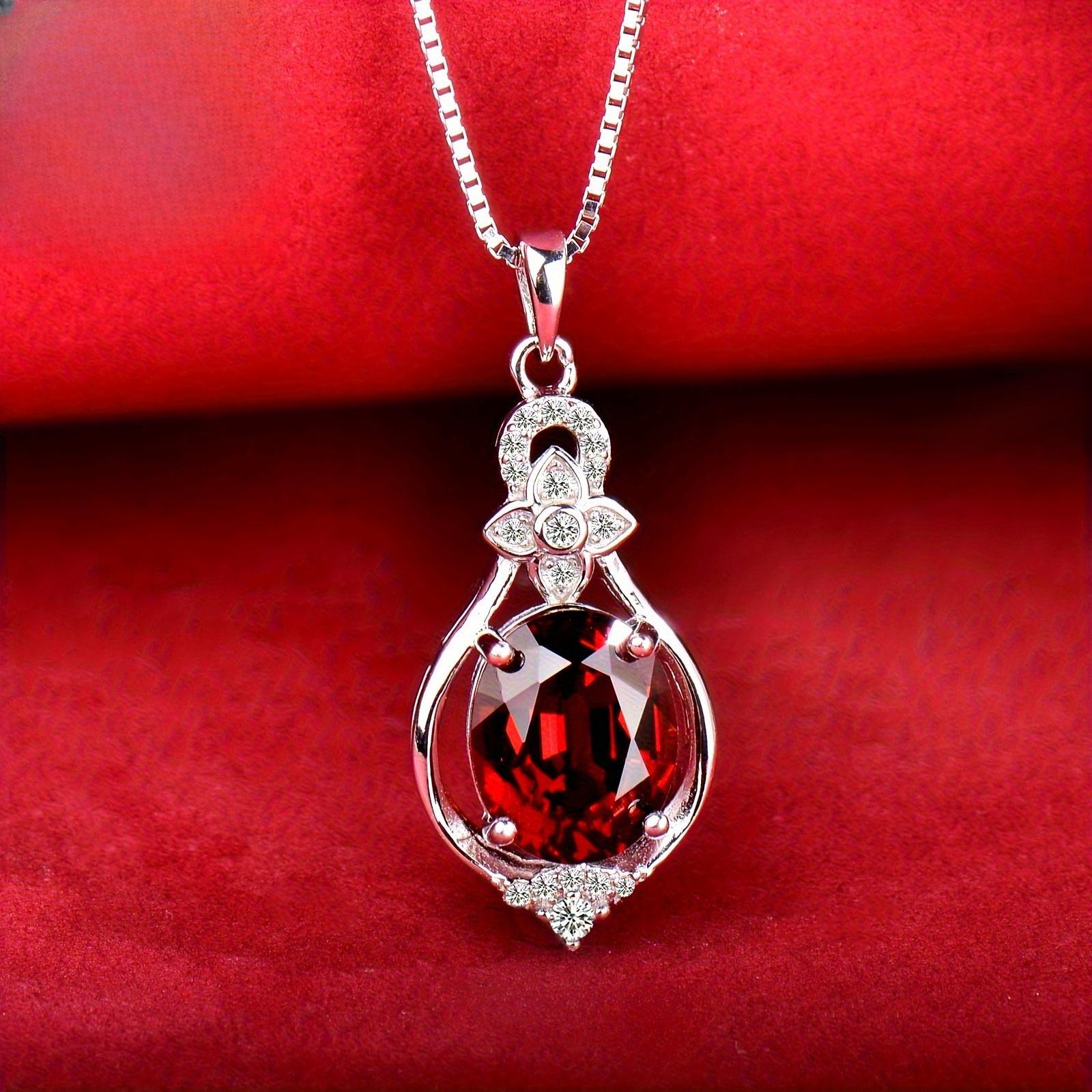 TEMU Elegant Garnet Oval Hypoallergenic Pendant Necklace, Ideal For Christmas Or Valentine's Day Gift, Fashionable Burgundy Suitable For Dates,