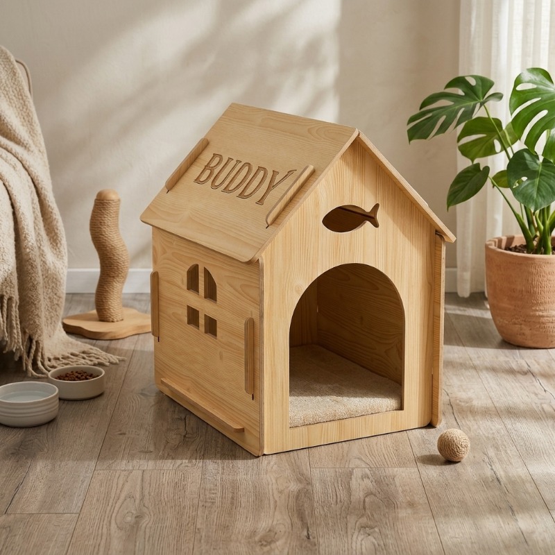 Custom Engraved Pet Name Modular Assembled Wooden Indoor Cat House, Personalized Fish Cutout & Window Cozy Shelter, Rustic, Spacious Private Nest for Furry Friends, Unique Gift to Build Warm Exclusive Space for Beloved Cats