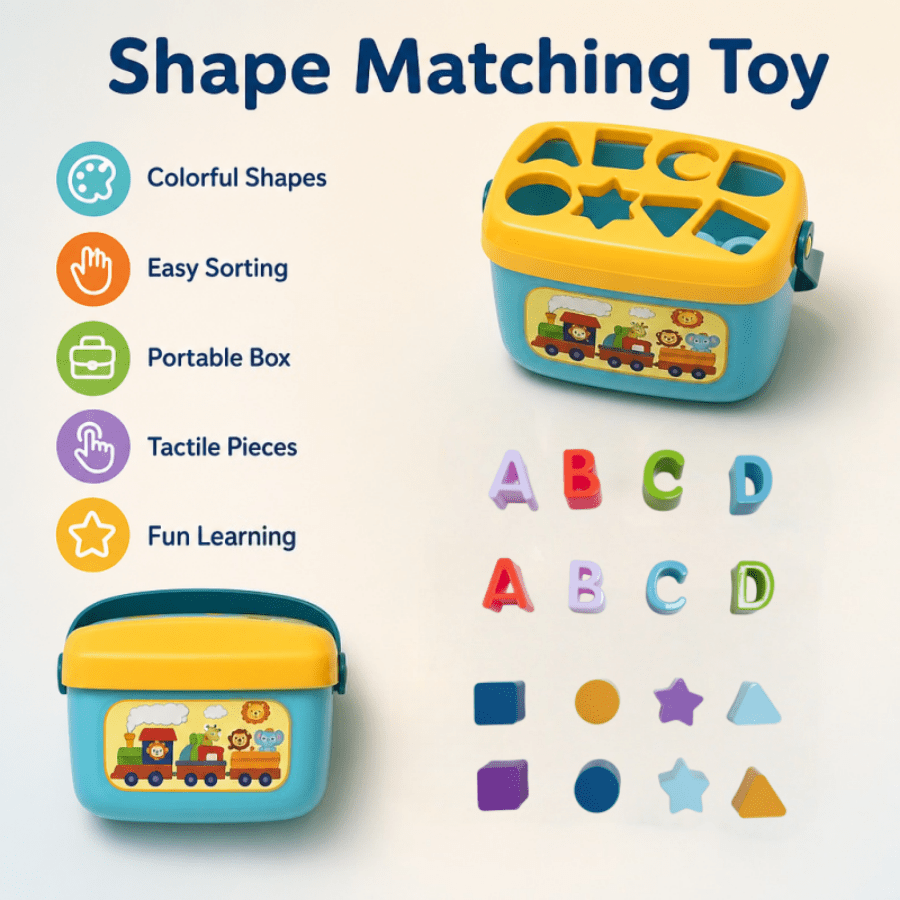 portable shape matching toy with carrying handle featuring a simple and   design   a rounded storage box with cartoon animal prints and multi shaped interlocking holes the matching and nesting activity     fine motor skills