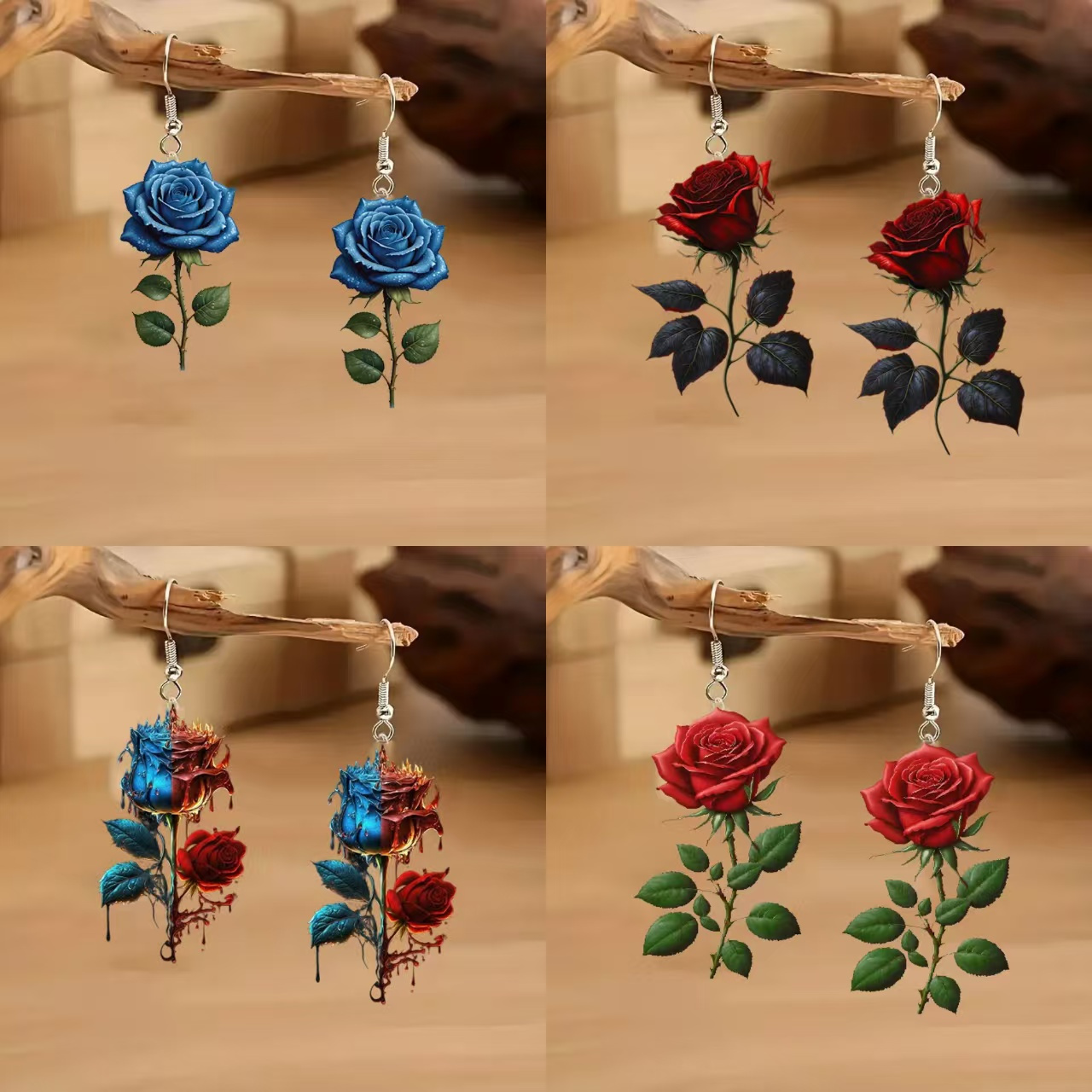 

4 Pairs Of Acrylic Rose Earrings, Stainless Steel Hooks, Elegant Party Accessories, Suitable For Christmas/ Valentine's Day/ Day, Suitable For Women's Seasonal Fashion Hanging Earrings